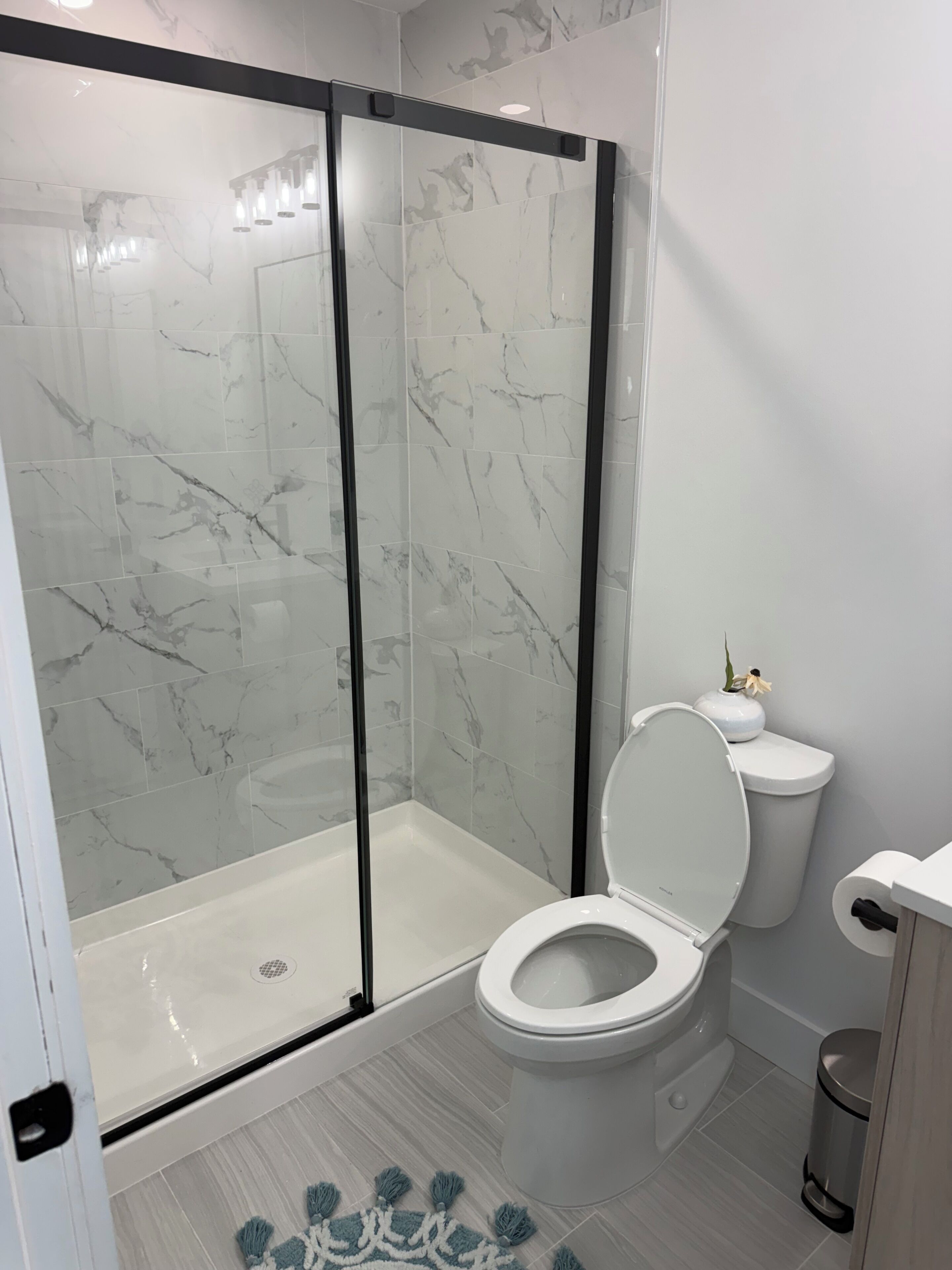 A bathroom with a glass-enclosed shower, a toilet, and a trash can.