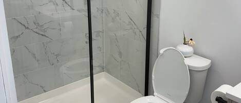 A bathroom with a glass-enclosed shower, a toilet, and a trash can.