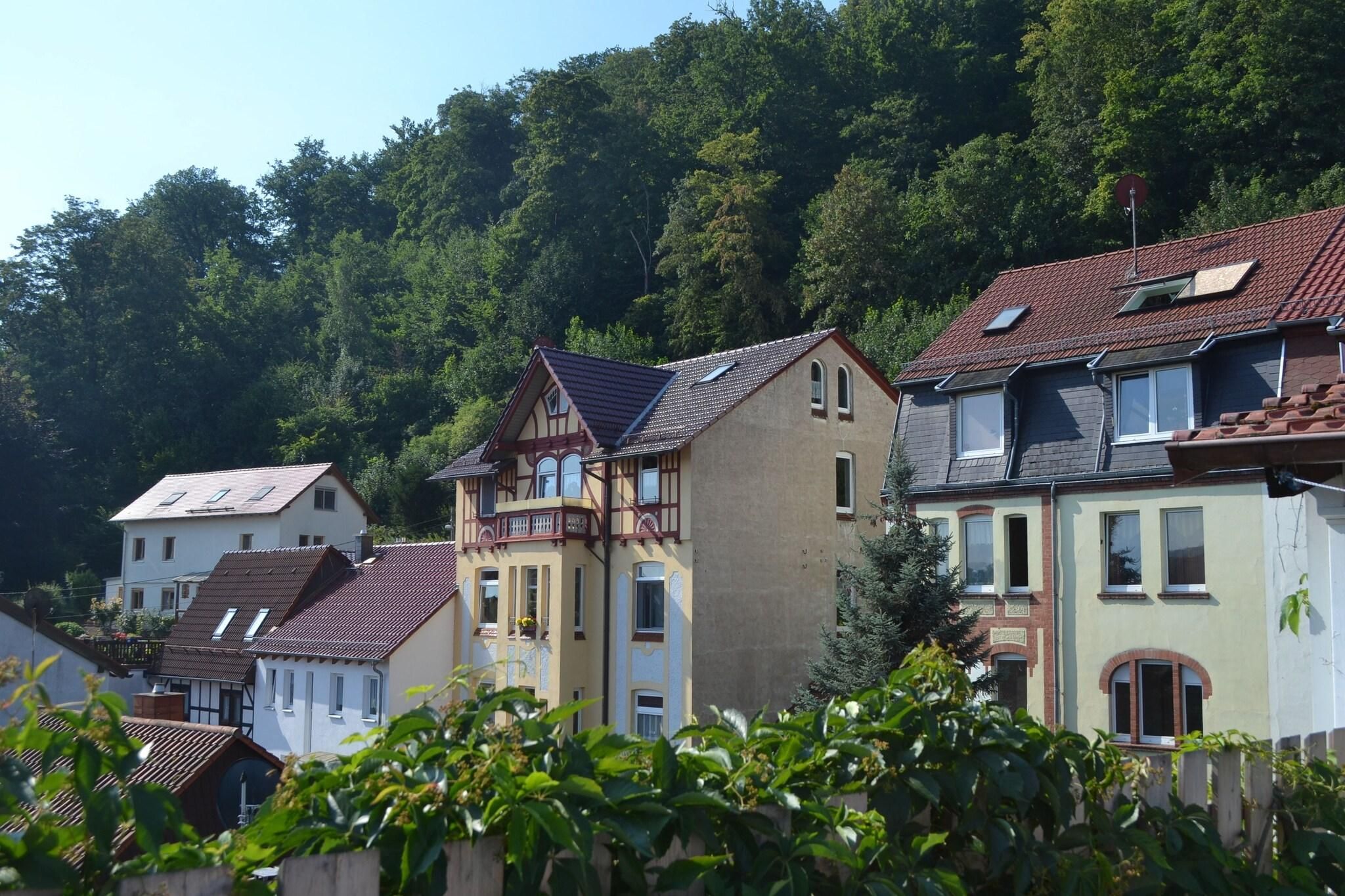 Eine Reihe von Wohnhäusern mit Satteldächern, einige mit Dachfenstern, vor einer dichten Waldlandschaft.