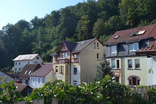 A row of residential buildings with pitched roofs, some with dormer windows, set against a backdrop of dense forest. - Mahret (Eisenach)