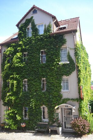 A building with a large ivy-covered facade, multiple windows, and a door with a bell. - Mahret (Eisenach)