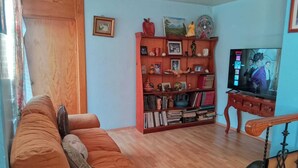 Ein Wohnzimmer mit einer Couch, einem Bücherregal, einem Fernseher und einer Holzkabine.
