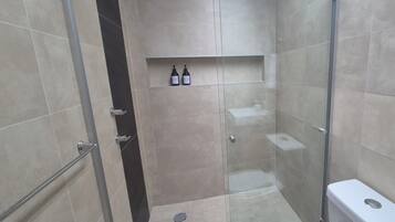 Hair dryer, towels, soap, toilet paper