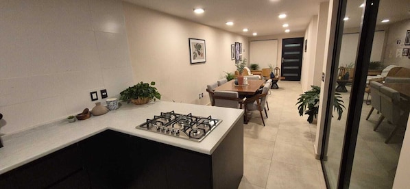 A modern kitchen with a gas stove, dining area with a table and chairs, and a living room with a sofa and plants.