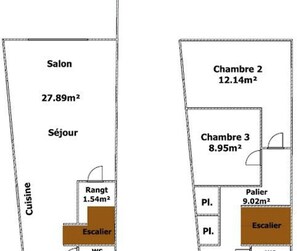 A hotel layout with a salon, a staircase, a WC, and three rooms with varying sizes. - New house - 6 guests, near the town (Jard-sur-Mer)
