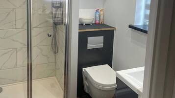 Shower, hair dryer, towels