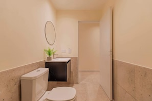 Ein schmales Badezimmer mit Toilette, Waschbecken und Spiegel.