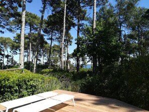 Una terraza de madera con una mesa y sillas blancas, rodeada de vegetación densa y árboles altos.