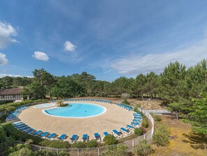 Une piscine circulaire entourée de chaises longues bleues, elle-même bordée d’arbres et d’une clôture.