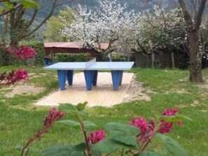 Una mesa de ping pong en un jardín con flores florecientes y árboles.