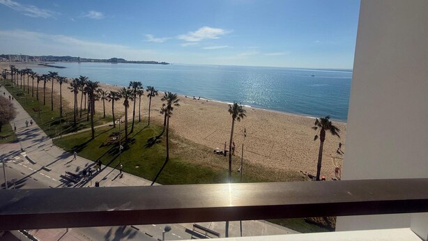 Een balkon met uitzicht op een strand, palmbomen en een heldere lucht.