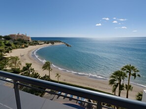 A beach view with a hotel, palm trees, and clear blue water. - Elegant 2-bedroom apartment with terrace in Estepona (Estepona)