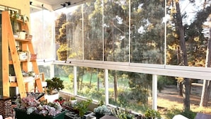 A conservatory with a view of a forest, wooden shelves with plants, and a ladder.