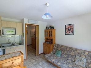Ein kompakter Wohnbereich mit Küchenzeile, einer Couch, einem Schrank mit Flaschen und einem gerahmten Bild an der Wand.