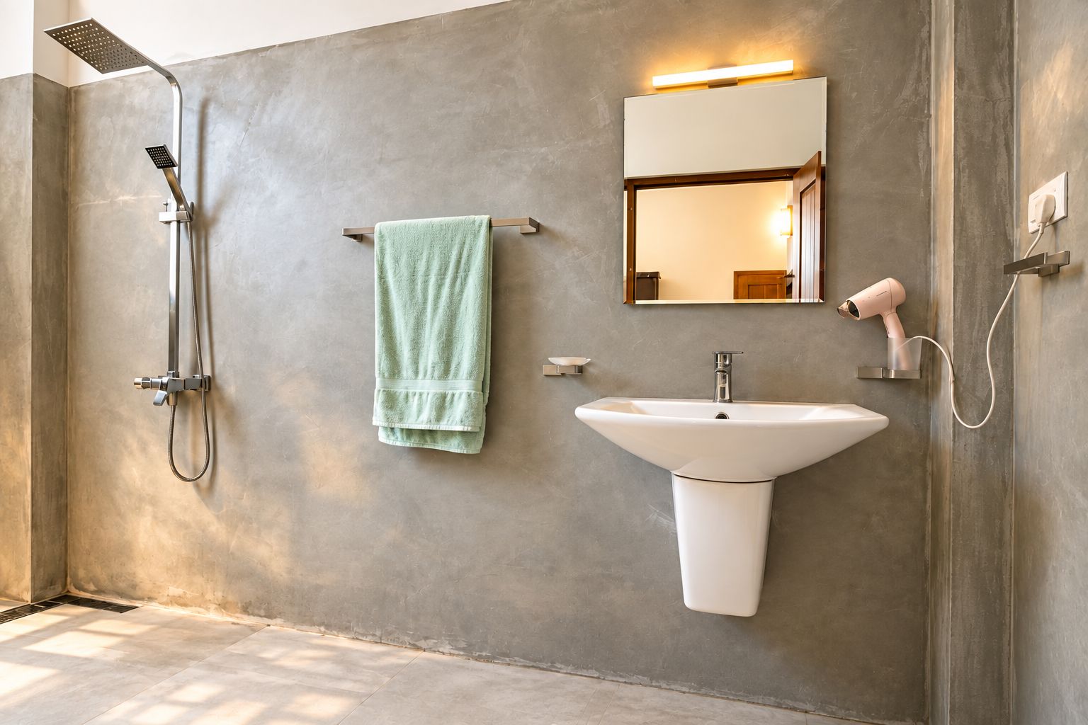 A modern bathroom with a shower, sink, and towel rack.