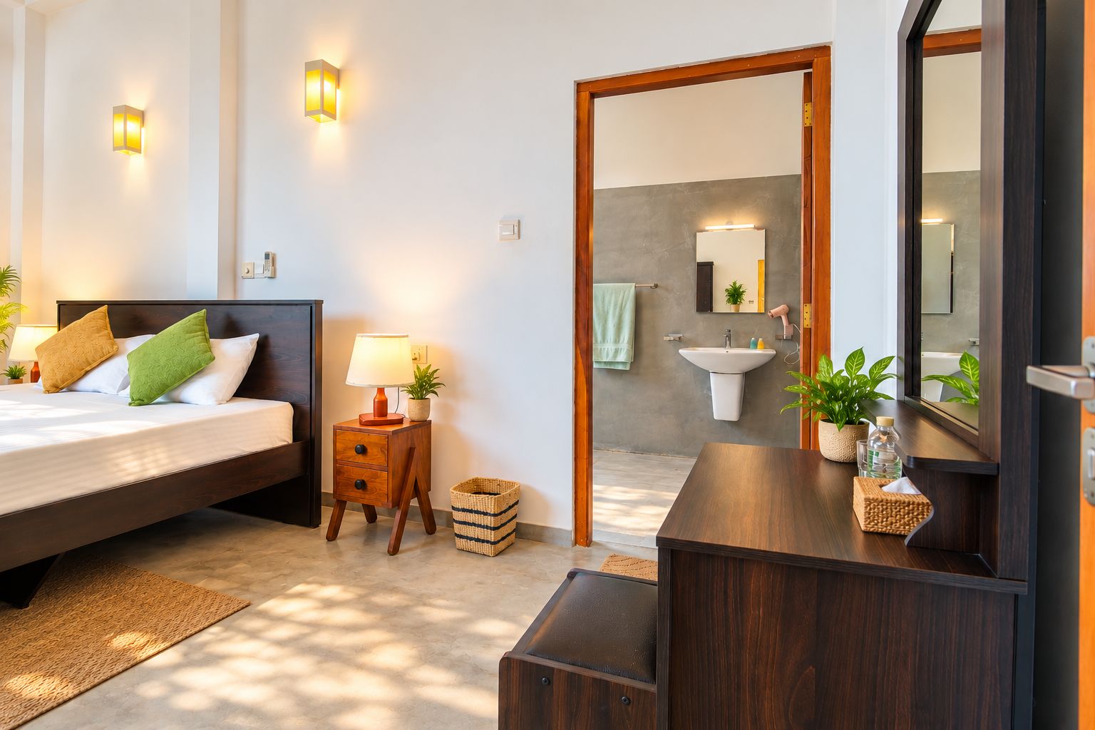 A modern hotel room with a bed, bedside table with lamp, a small plant, a mirror, and a view into the bathroom.