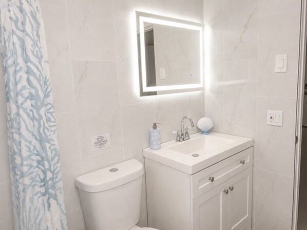 A bathroom with a toilet, sink, and mirror. - Luxury Renovated Home Near Beaches. Pet Friendly. (Holiday)
