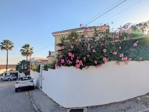 A white building with pink flowers on the wall, a palm tree, and a parked car. - Spacious 3-bedroom house in charming Nerja with pool and walled gardens. (Nerja)