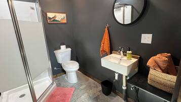 Shower, towels, soap, toilet paper