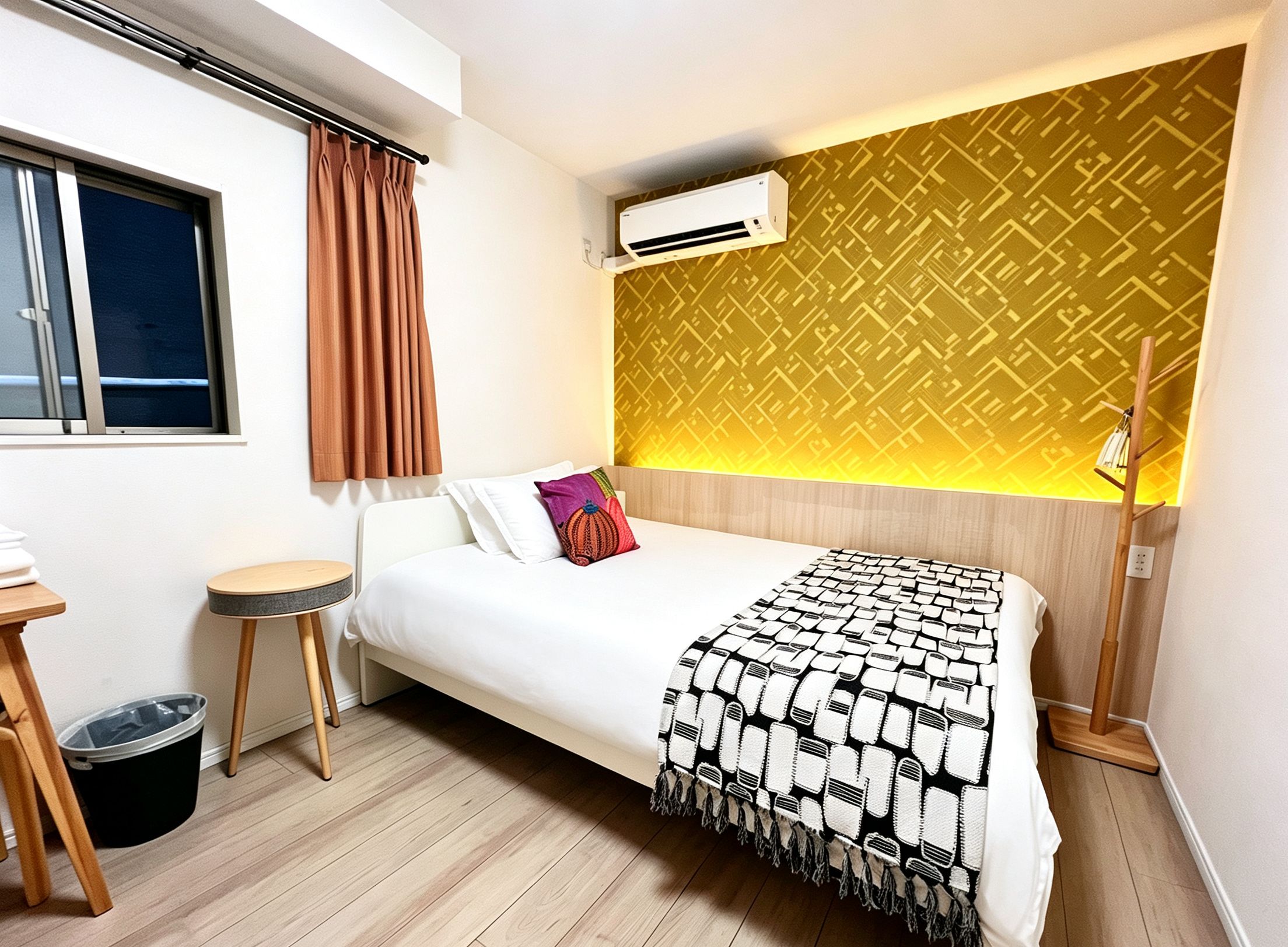 A hotel room with a bed, a small table, a trash bin, an air conditioning unit, and a patterned wall.