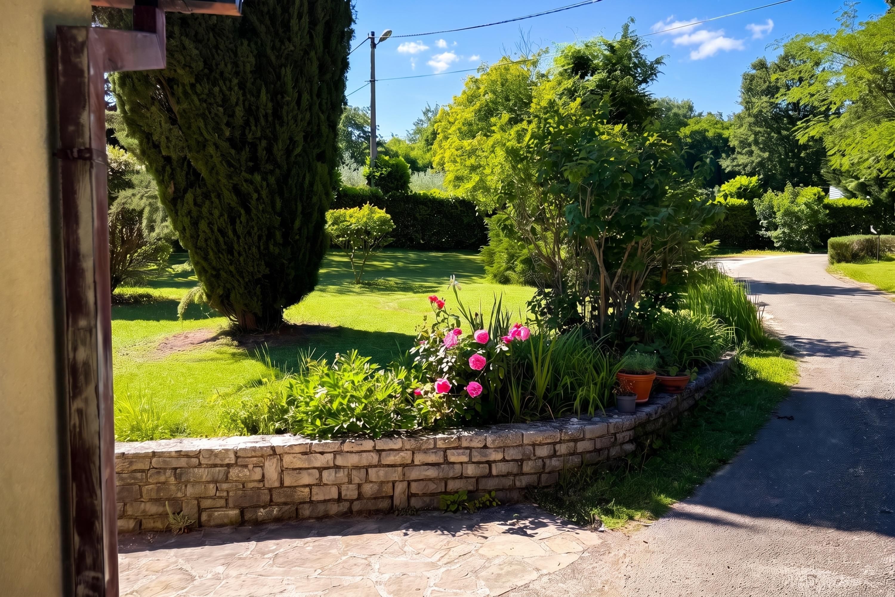 Ein Garten mit einer Steinmauer, verschiedenen Pflanzen und blauem Himmel.