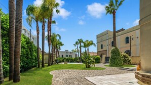 Un patio con palmeras, un camino de piedra y una piscina.