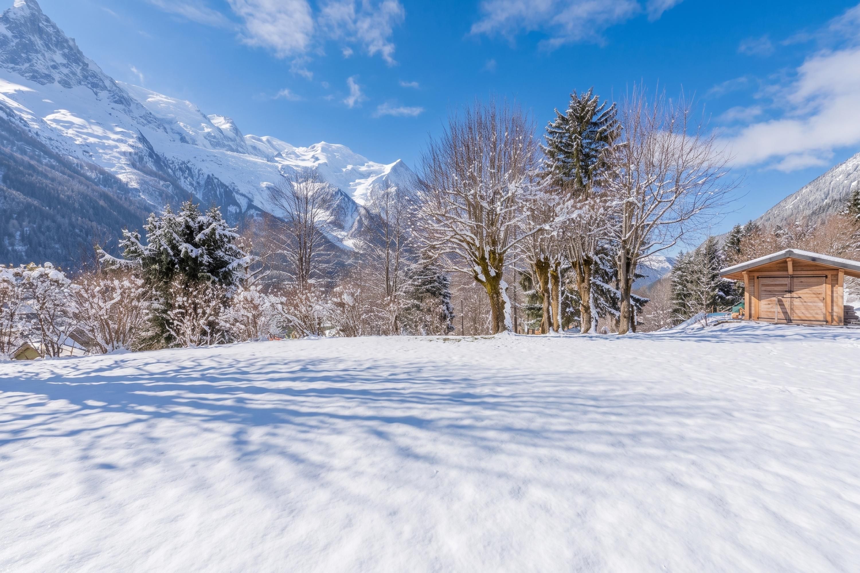 Un paysage enneigé avec une cabane en bois et des montagnes en arrière-plan.