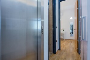 A hallway with a modern elevator, a small table with a plant, and a wall-mounted picture.