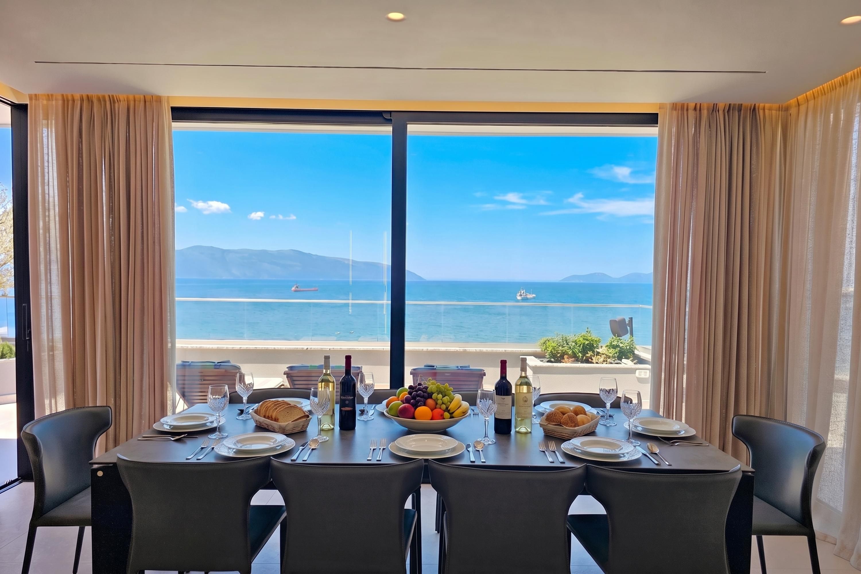 Une table à manger dressée pour quatre personnes, avec vue sur la mer et les montagnes.
