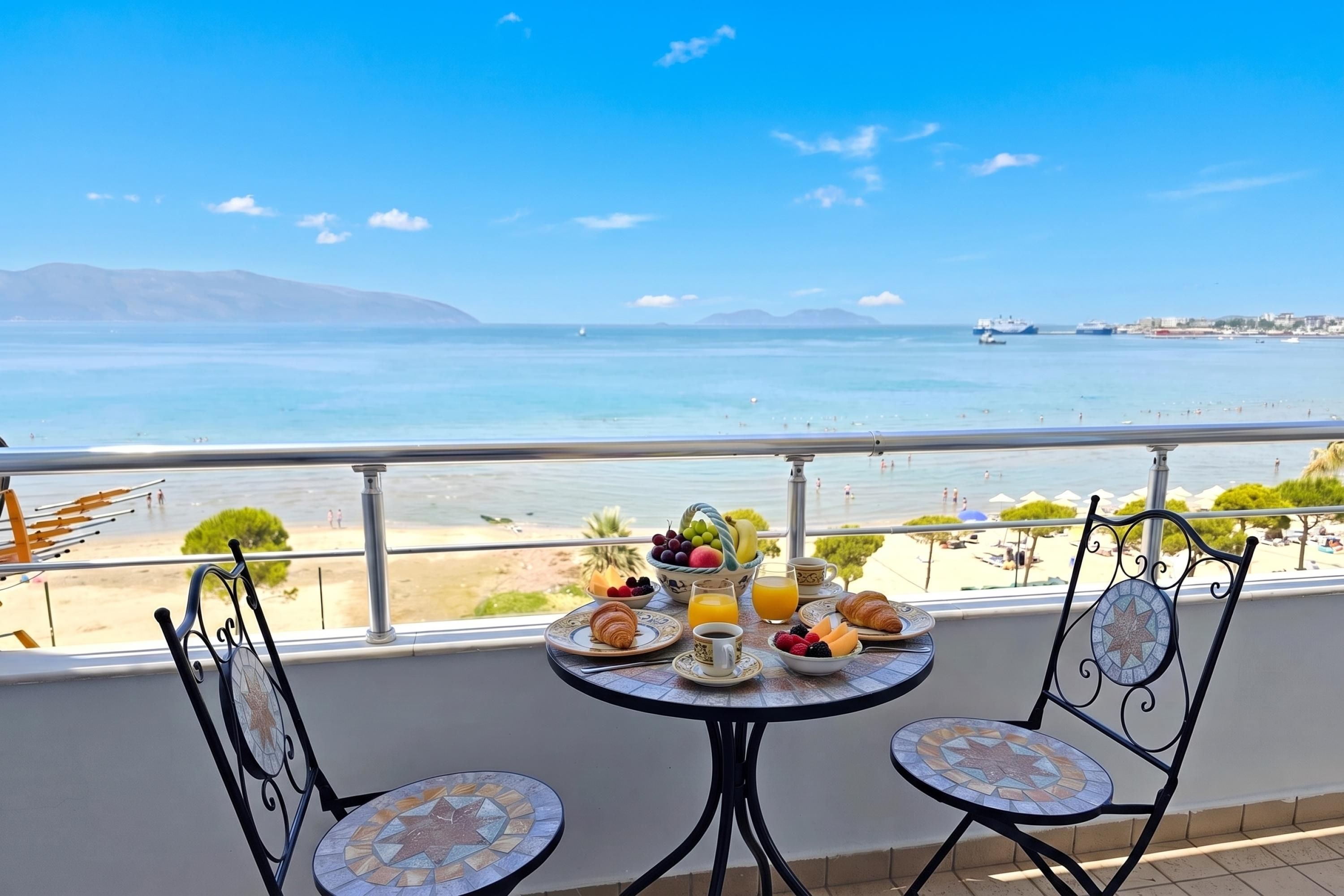A balcony with a table set for breakfast overlooking a beach and the sea.