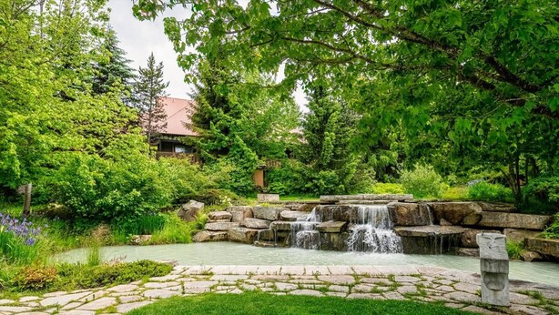 Une cascade au cœur d’un jardin luxuriant, avec des marches en pierre menant à l’eau.