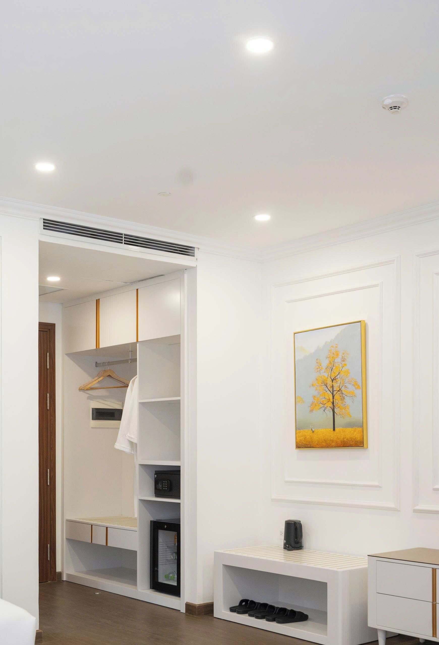 A modern room with a walk-in closet, a framed painting, and a bedside table.