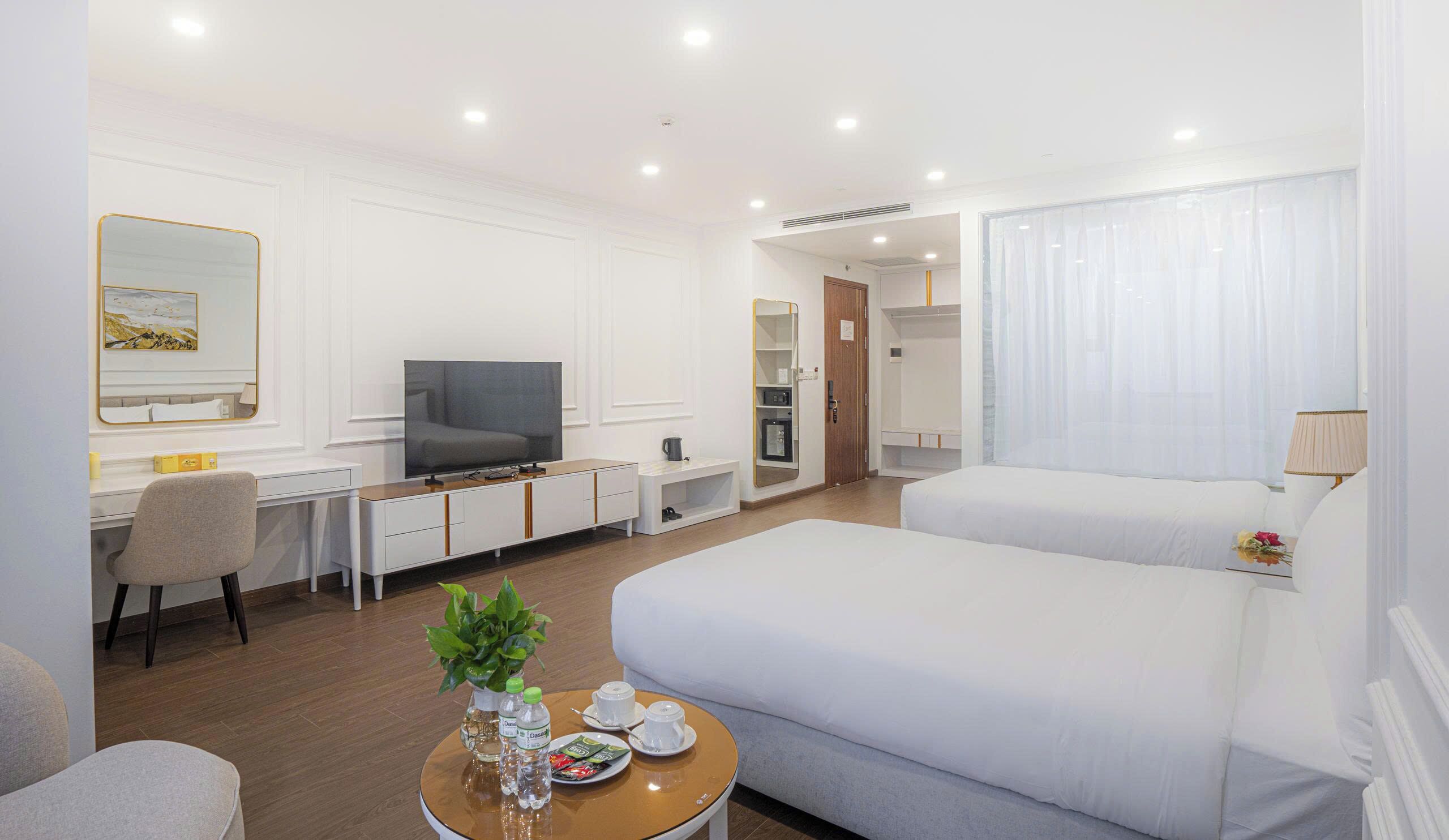 A hotel room with a bed, a desk, a TV, a mirror, a wardrobe, and a small table with a plant and cups.