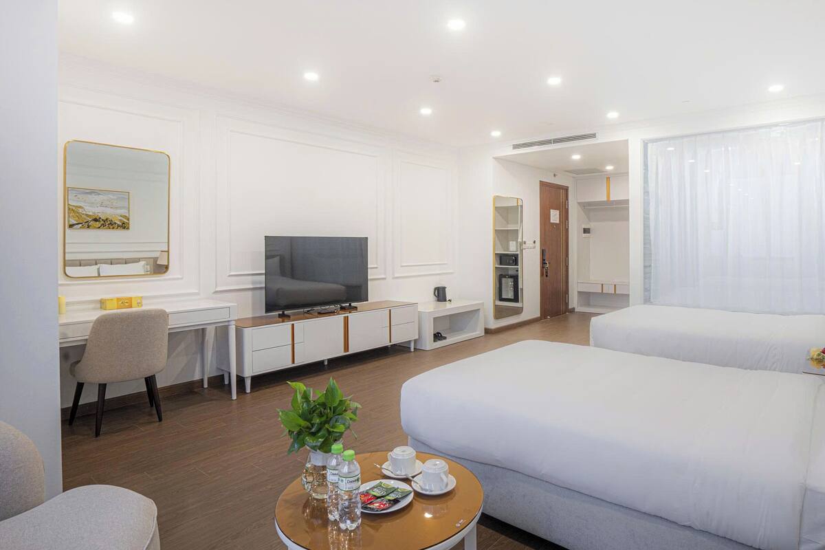 A hotel room with a bed, a desk, a TV, a mirror, a wardrobe, and a small table with a plant and cups.