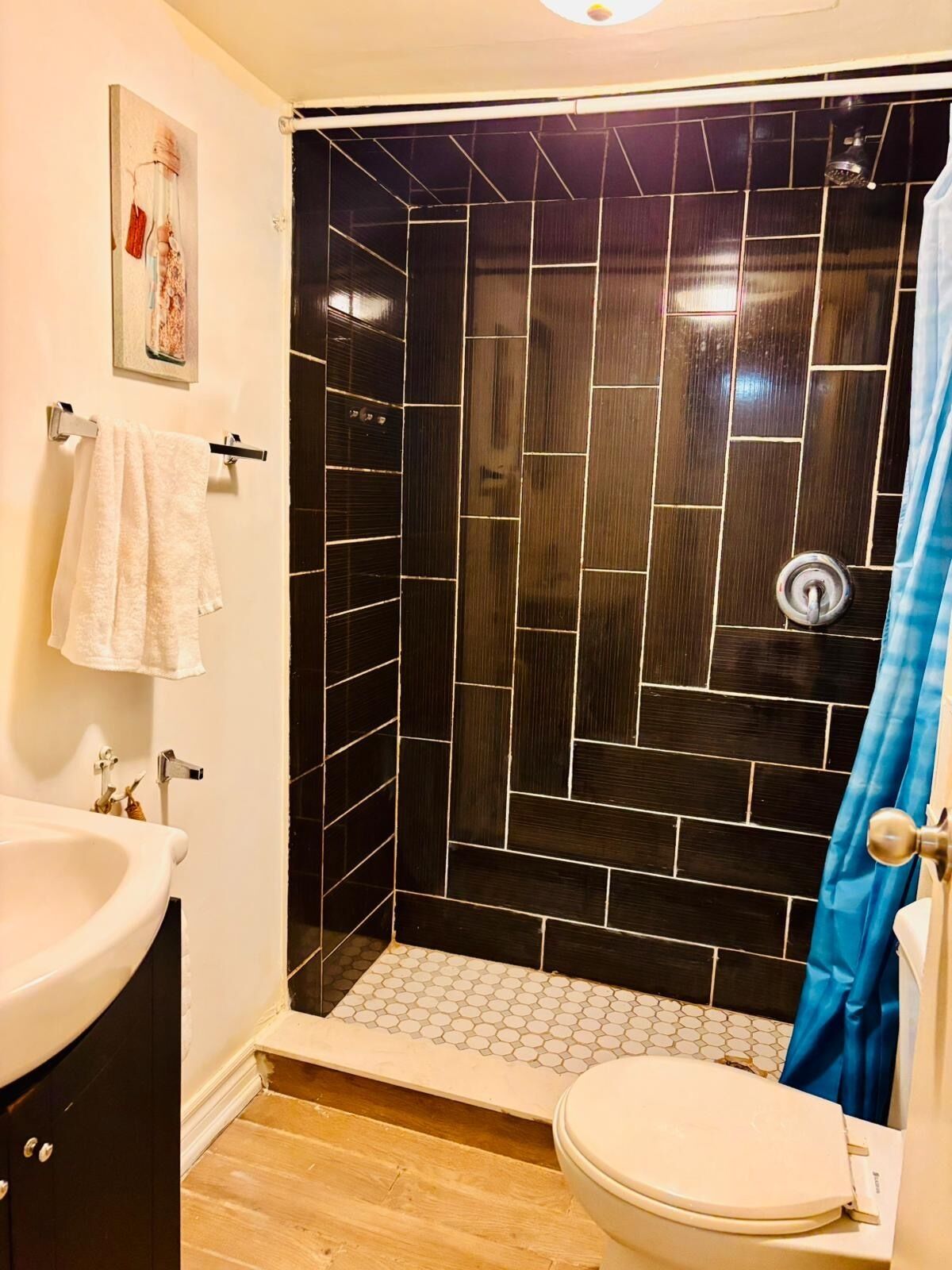 Regadera, toallas, jabón, papel de baño 