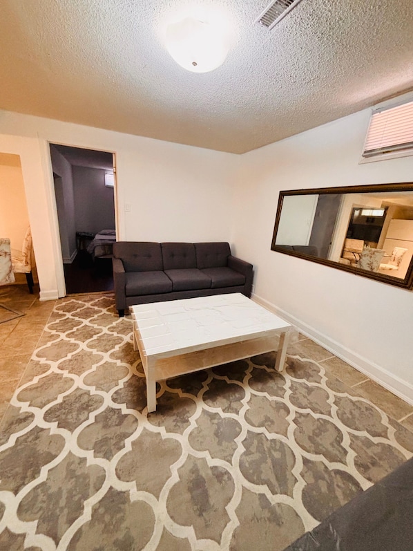 A living room with a sofa, a coffee table, and a patterned rug.