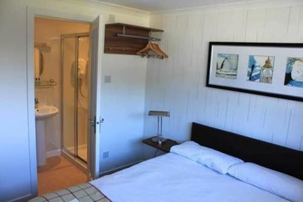 Une chambre à coucher comprenant un lit, une table de chevet, une commode, une lampe suspendue, un espace douche et un tableau encadré au mur.