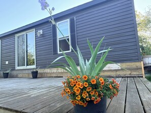 Une maison avec un revêtement extérieur foncé, une terrasse en bois et un pot de fleurs orné de fleurs oranges.