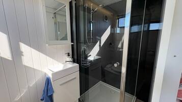 Ducha, secador de pelo, toallas, shampoo