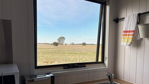 Una cocina con ventana, microondas, tostadora y fregadero.