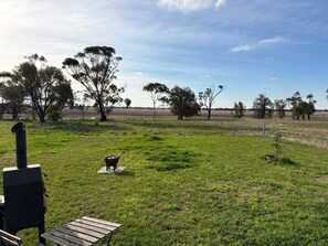 A grassy field with trees, a picnic table, and a barbecue grill.