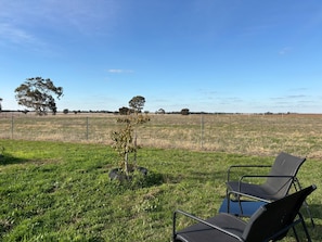 Un espace extérieur aménagé avec des chaises et un petit arbre, le tout intégré dans un paysage rural avec une clôture et des arbres en arrière-plan.