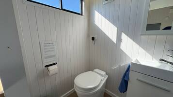 A small, compact bathroom with a toilet, a sink, a mirror, and a window.