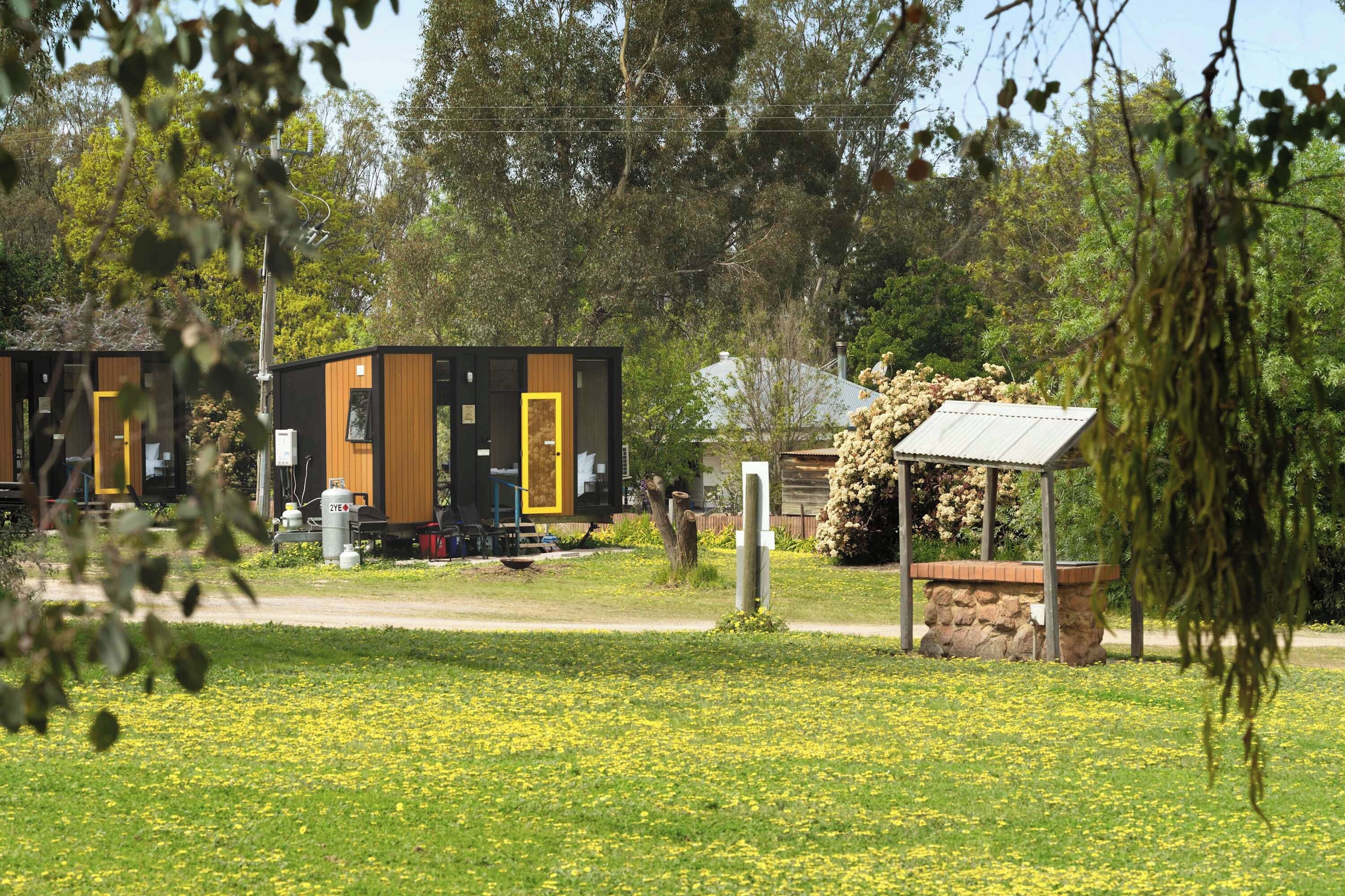 A small cabin with a black exterior and a yellow door, surrounded by a grassy area with yellow flowers.