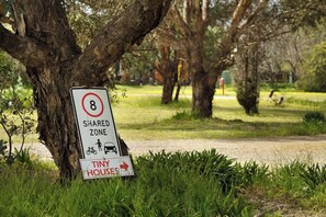 Un panneau indiquant une zone partagée, avec une limitation de vitesse à 8, signalant une zone où les vélos et les voitures peuvent circuler.