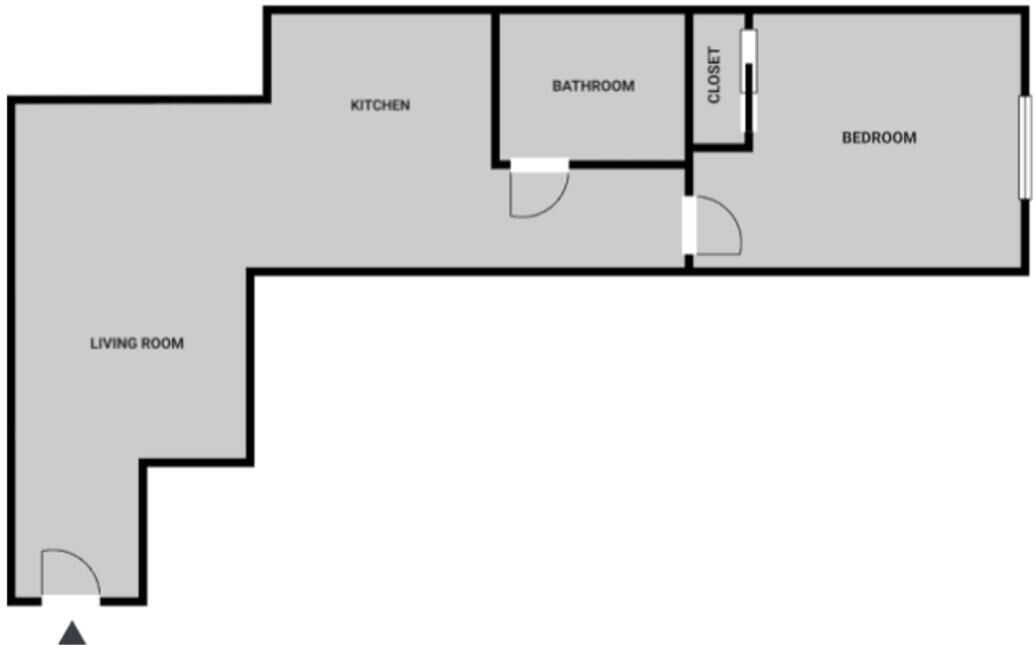 Een plattegrond met een woonkamer, keuken, badkamer, kastruimte en slaapkamer.