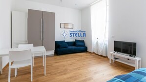 Moderni makuuhuone, jossa on sohva, televisio ja ruokailutila.