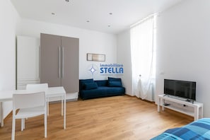Ein modernes Schlafzimmer mit einer Couch, einem Fernseher und einem Essbereich.