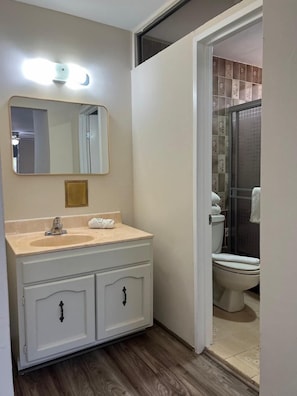 A bathroom with a sink, mirror, and toilet. - Hotel Lea N (Tijuana)