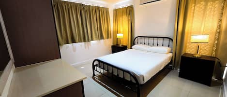 Blackout curtains, iron/ironing board
